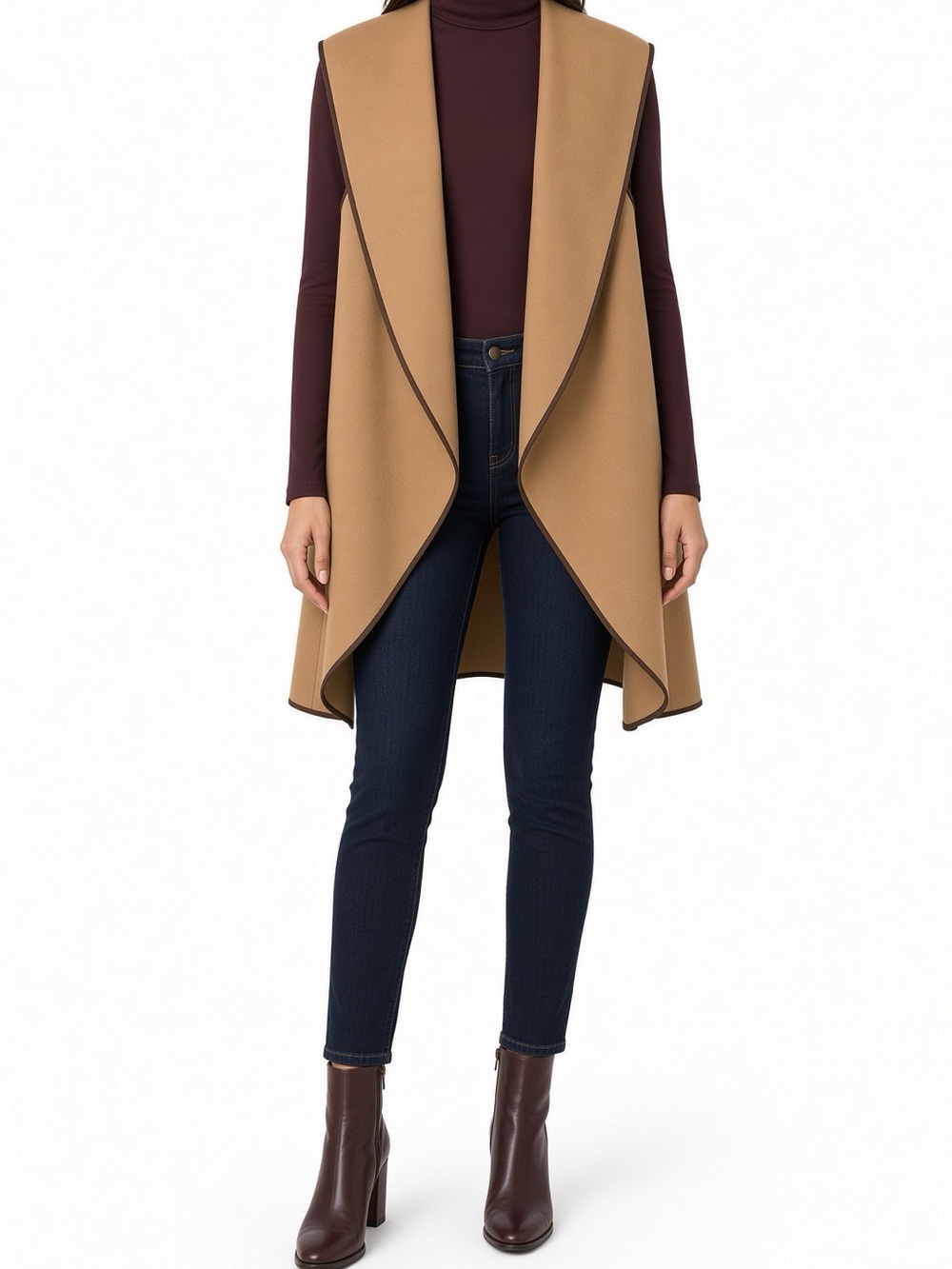 Ann Taylor Sleeveless Draped Open-Front Vest Sweater in Camel with Burgundy Top